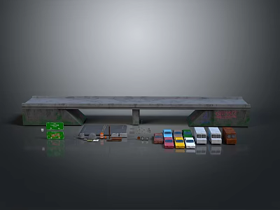 Gray Miniature Platform Scene With Colorful Model Vehicles And Green Containers 3d model