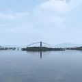 Traditional Chinese Multi tiered Tower With Black Roof Golden Spire By Lake Bridge And Hills