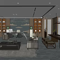 Modern Office Interior With Wooden Shelves Mountain Painting Sofa Chairs Coffee Table And Plants