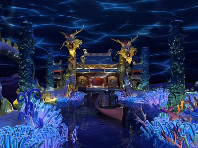 Ancient Underwater Scene With Golden Dragons Ornate Pillars And Small Boat 3d model