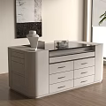 White Modern Dresser With Glass Top Multiple Drawers Decorative Vase Wall Painting And Potted Plant