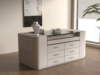 White Modern Dresser With Glass Top Multiple Drawers Decorative Vase Wall Painting And Potted Plant 3d model