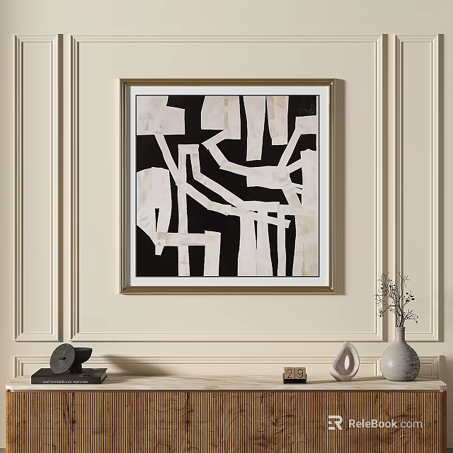 Abstract Painting With Golden Frame And Black White Geometric Shapes On Light Wall Wooden Cabinet 3d model 