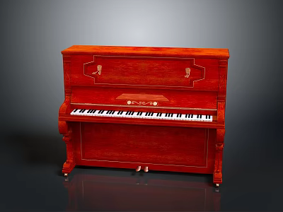 Red Wooden Upright Piano With Carved Details And Black White Keys 3d model