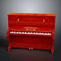 Red Wooden Upright Piano With Carved Details And Black White Keys