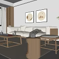 Modern Minimalist Living Room Interior With Beige Sofa Circular Artworks And Wooden Coffee Table