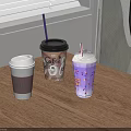 Three Refreshing Beverages with White Black Lids Purple Drink and Sprinkles on Wooden Table