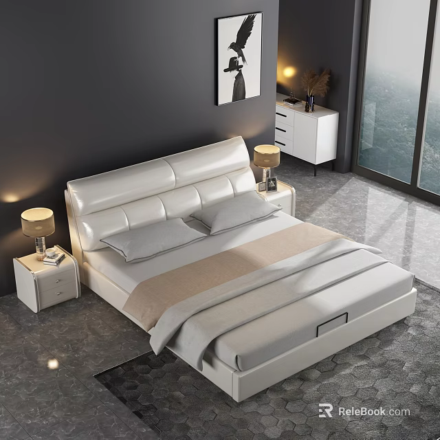 Modern White Leather Double Bed With Headboard Bedside Tables Table Lamps And Gray Marble Floor 3d model 