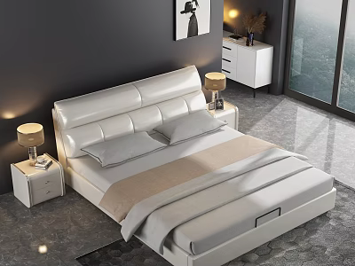Modern White Leather Double Bed With Headboard Bedside Tables Table Lamps And Gray Marble Floor 3d model