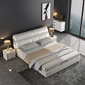 Modern White Leather Double Bed With Headboard Bedside Tables Table Lamps And Gray Marble Floor