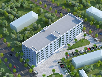 Industrial Factory Building with Multi Story Structure Surrounding Trees Parking Lot and Roads 3d model
