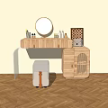 Wooden Dressing Table with Round Mirror Skincare Products Makeup Brushes Checkerboard Frame and Gray Stool