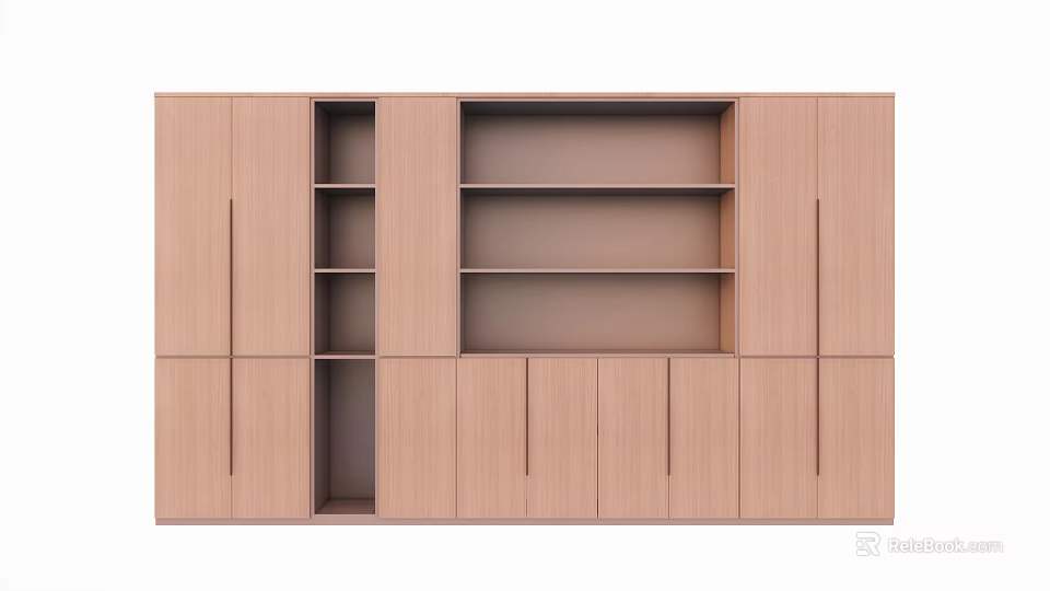 Modern Light Wood Bookcase with Multiple Compartments and Cabinets in Minimalist Design 3d model 