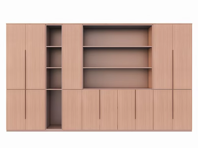 Modern Light Wood Bookcase with Multiple Compartments and Cabinets in Minimalist Design 3d model