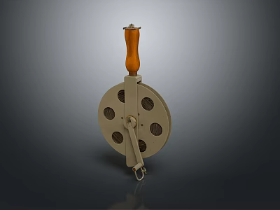 Vintage Film Reel With Wooden Handle Metal Frame And Hook Design 3d model