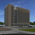 Modern Office Building With Glass Curtain Wall Vertical Stripes And Landscaped Surroundings