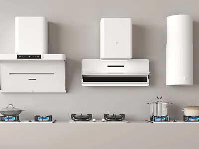 Modern Kitchen Household Appliances With White Range Hoods And Gas Stoves 3d model