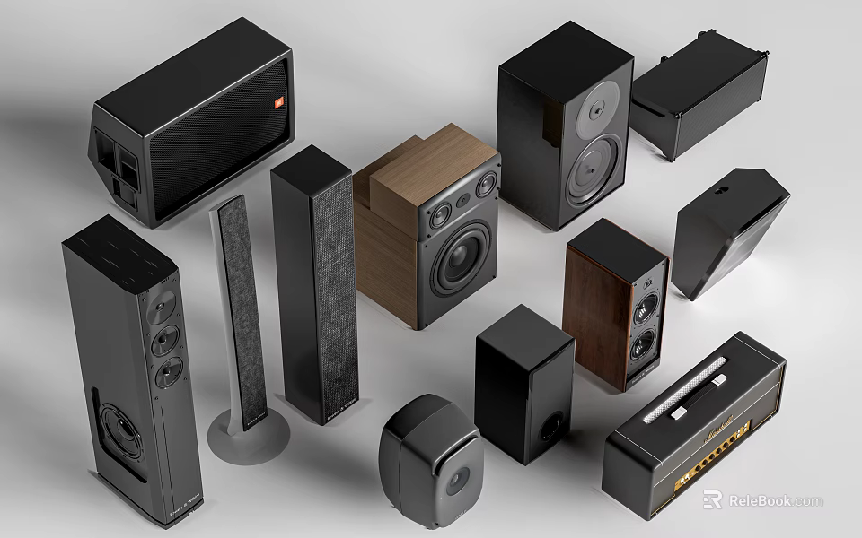 Various Modern Headphones And Speakers With Wooden And Black Designs For Home Audio 3d model 