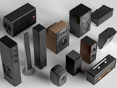 Various Modern Headphones And Speakers With Wooden And Black Designs For Home Audio 3d model