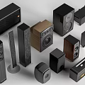 Various Modern Headphones And Speakers With Wooden And Black Designs For Home Audio