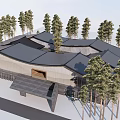 Modern Museum Building With Gray Roof Wooden Structure And Surrounding Trees