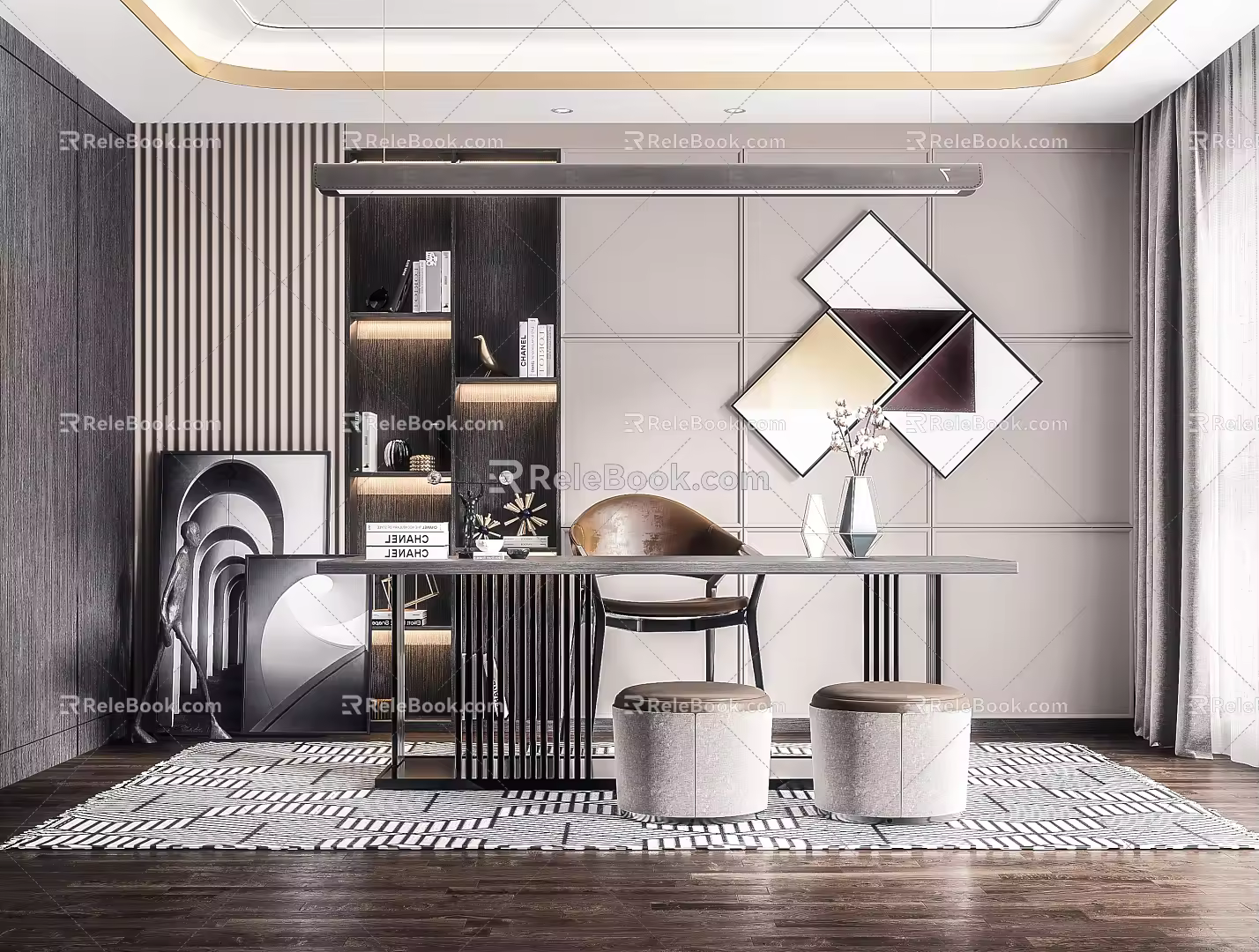 Modern study desk and chair combination bookcase chandelier 3d model