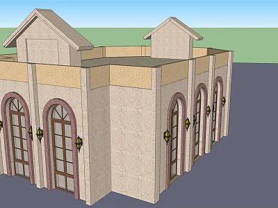 Classical Style Commercial Complex With Arched Doors Windows Beige Exterior And Decorative Lanterns 3d model