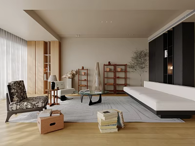 Bright Cozy Minimalist Living Room With Natural Lighting Wooden Floors Comfortable Sofa And Elegant Decorations 3d model