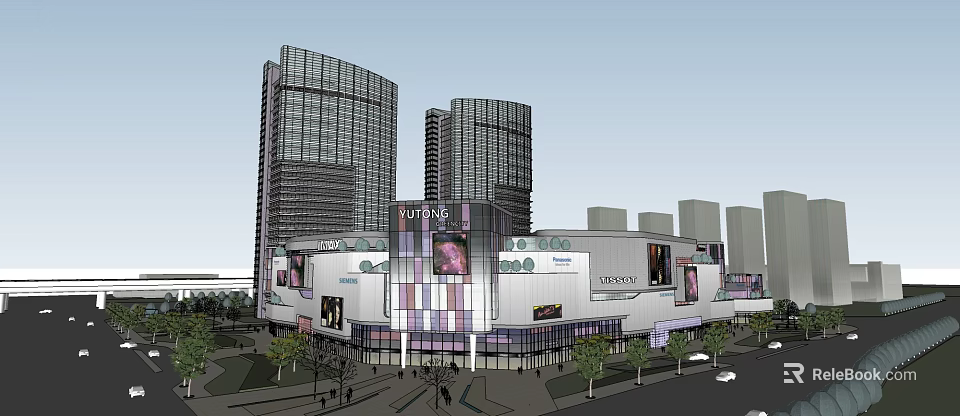 Modern Commercial Complex With Glass Curtain Walls Commercial Facilities And Pedestrian Areas 3d model 