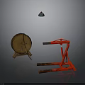 Red Forklift and Wooden Barrel on Stand with Hanging Blue Lamp