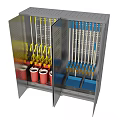 Grey Storage Cabinet With Open Door Holding Mops Brooms And Red Buckets