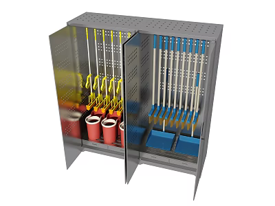 Grey Storage Cabinet With Open Door Holding Mops Brooms And Red Buckets 3d model