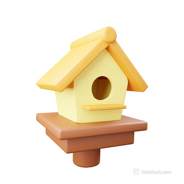 Decorative Ornament Set with Yellow Birdhouse and Brown Base Featuring Sloped Roof and Round Entrance 3d model 