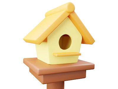 Decorative Ornament Set with Yellow Birdhouse and Brown Base Featuring Sloped Roof and Round Entrance 3d model