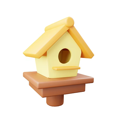 Decorative Ornament Set with Yellow Birdhouse and Brown Base Featuring Sloped Roof and Round Entrance 3d model