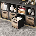 Modern Bedside Table With Woven Baskets Drawers Books Vase And Decorative Lamp