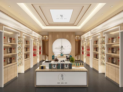 Elegant Traditional Tea Store Interior With Wooden Shelves Tea Products And Display Counter 3d model