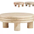 Beige Marble Round Coffee Table With Layered Design And Cylindrical Legs 3d model