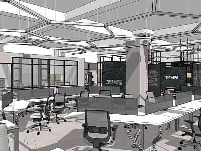 Modern Public Office Space With Workstations Partition Dividers And Geometric Ceiling 3d model