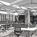 Modern Public Office Space With Workstations Partition Dividers And Geometric Ceiling 3d model
