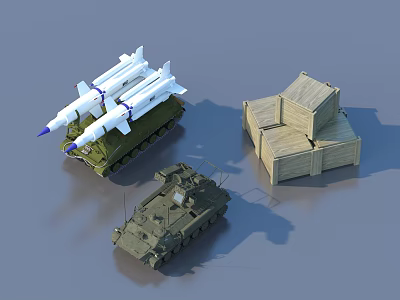 Military Weapon Equipment Featuring Missile Launcher Tank And Wooden Crates 3d model