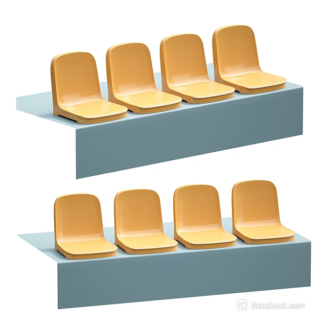 Yellow Public Chairs on Stepped Blue Platforms Arranged in Two Rows 3d model 