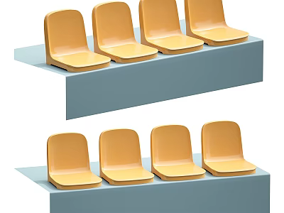 Yellow Public Chairs on Stepped Blue Platforms Arranged in Two Rows 3d model