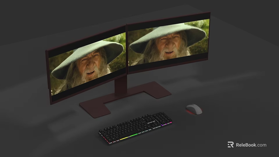 Dual Curved Computer Monitors Displaying Video With Keyboard And Mouse Setup 3d model 