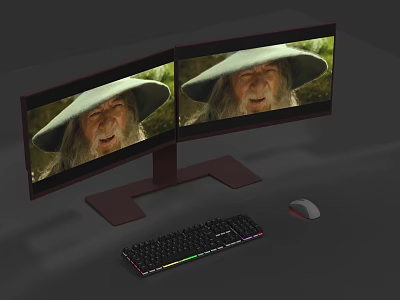 Dual Curved Computer Monitors Displaying Video With Keyboard And Mouse Setup 3d model