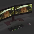 Dual Curved Computer Monitors Displaying Video With Keyboard And Mouse Setup