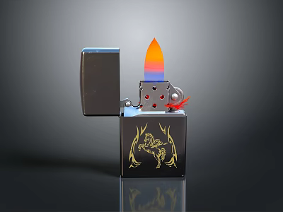 Black Lighter With Golden Pattern Open Lid And Colorful Flame Design 3d model