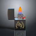 Black Lighter With Golden Pattern Open Lid And Colorful Flame Design