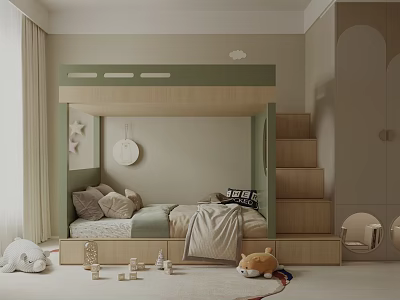 Kids Room With Green Bunk Bed Stairs Toys Soft Rug And Cozy Decorations 3d model