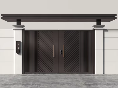 Stylish Modern Entrance Door with Diagonal Stripes Dark Brown Finish White Walls and Overhead Lintel 3d model